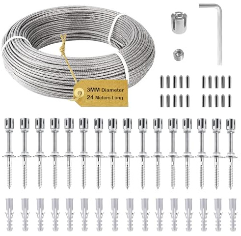 Btstil Supporto per piante rampicanti, in acciaio inox 304, set completo con supporto da parete e corda in acciaio da 3 mm, per piante rampicanti, giardino, muro, recinzione (16 supporti, corda da 24