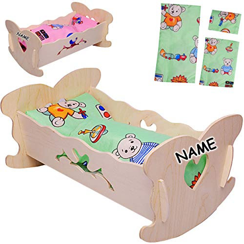 alles-meine.de GmbH Set: kleine - Holz - Puppenwiege - inkl. Name - mit Bettzeug - 36 cm lang - Wiegenset - Holzwiege Naturholz - Herz - Bett - Puppen klein - Matratze Decke & Ko..