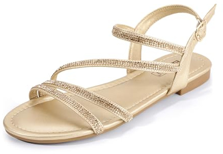 IDIFU Gold Rhinestone Strappy Sandals for Women Dressy Summer Glitter Flat Sandals with Back Strap Open Toe Slingback Ankle Strap Sandals Party Prom Bling Trendy Dress Sandals(Gold Rhinestone, 9.5)