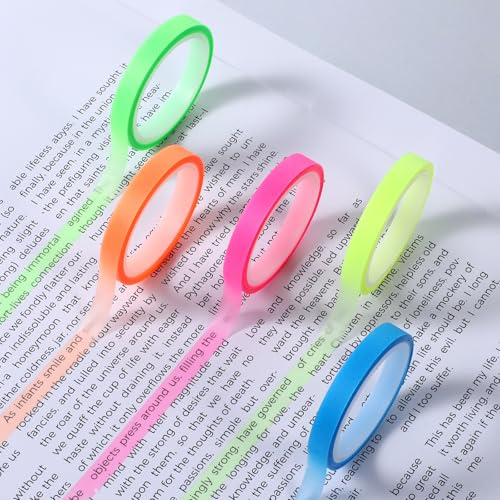 Psyqtsuary Lot de 5 rouleaux de ruban surligneur - 1,5 x 4,5 m - Coloré - Transparent - Amovible - Fluorescent - Pour les étudiants et les enseignants - Pour la lecture, les notes de prise de notes en