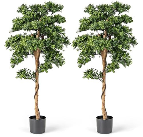 COSTWAY Set of 2 Artificial Boxwood Topiary Tree, 130cm/4.3FT Fake Plant in Pot with Real Wood Trunk, Adjustable Branches & Lush Moss, Indoor Potted Floor Plant for Home Office Porch Wedding Decor