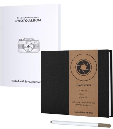 JAECU Álbum de Fotos Autoadhesivo 22x18cm, Álbum de Recortes de Lino DIY Scrapbook 40 Páginas Blancas, Regalos de Boda Aniversario Cumpleanos (Negro)