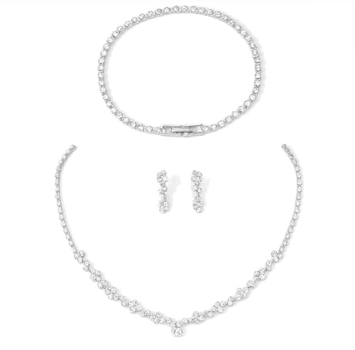 UZYXC Juego de Joyas Plata con Diamantes de Imitación, Conjunto Pulsera Collar Pendientes para Boda, Regalo para Madrina, Comunión, Pareja, Accesorio Fiesta Playa, Regalo Novia, Madre, Amiga