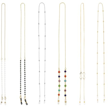6PCS Chaîne de lunettes pour femme, Cordon Élegant Métallique avec Perles Cristal, Lanière Antidérapante Universelle, Porte-Lunettes Soleil et Masque, Collier Bijou Chic Polyvalent