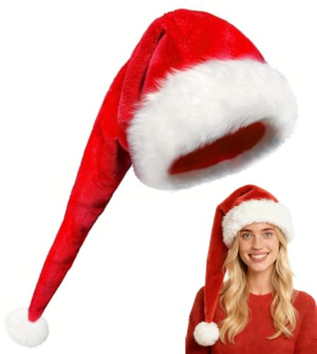 FORDJA Cappello Babbo Natale, Cappello Natalizio Lungo con Pompon Bianco, Adatto per Uomini e Donne Adulti, Giochi di Ruolo e Feste di Natale (Rosso)
