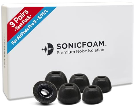 SONICFOAM (SFAir-3-Pro Petit/Moyen/Grand Noir) Embouts d'écouteurs en mousse à mémoire - Compatibles avec AirPods Pro 3 - (Pack de 6 / 3 Paires)