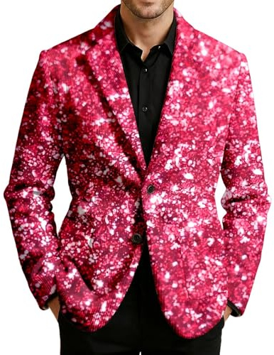 Generisch Blazer - Traje de pana para hombre, con purpurina, con lentejuelas, con estampado de esmoquin, manga larga, chaqueta de traje, abrigo festivo para discoteca, fiesta, boda, carnaval, Rosa