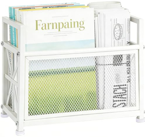 WeGXY Porte-revues en métal - En maille blanche - Panier de rangement pour magazines, livres, journaux, tablettes