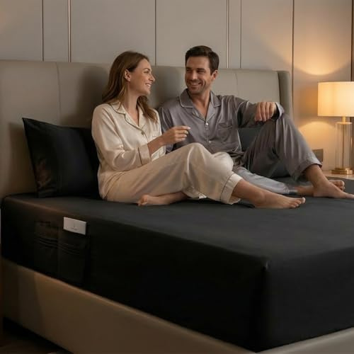 Rayyan Linen Extra Deep Fitted Sheet Soft Brushed Microfibre 40cm Depth – Fully Elastic Deep Pocket Mattress Cover with 2 Side Storage Pockets (Black, Single)