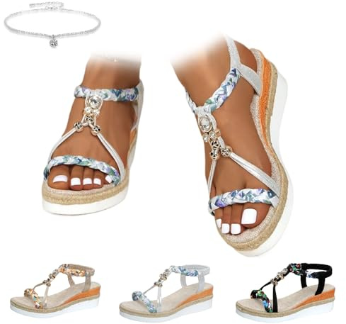 Sandalias de cuña bohemias para mujer, sandalias de plataforma informales de ancho ancho, ortopédicas, cómodas, para caminar, puntera abierta, sin cordones, correa al tobillo, zapatos elegantes de