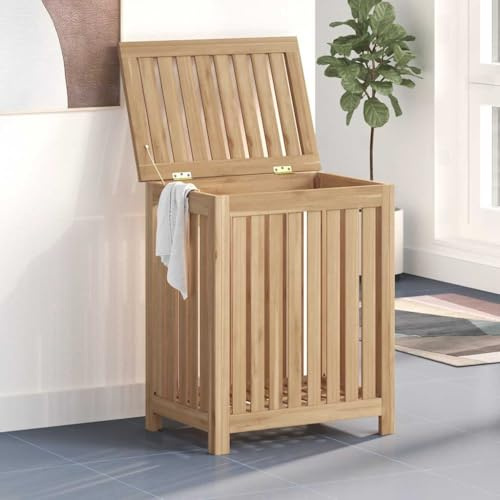 Faucqir tvättbehållare av massivt teak 50 x 35 x 60 cm med lock, förvaringsförvaring för sovrum och tvättstuga, hållbar tvättkorg med lamelldesign, robust och väderbeständig