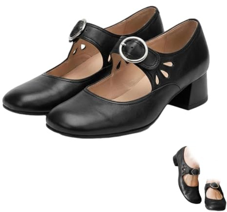 Dam Mary Jane tjocka klackskor vintage rund tå lågklackade pumpar | Retro stängd tå pumps utskuren rem, låg blockklack och bekväm passform för kontor, bröllop, fest och avslappnad stil