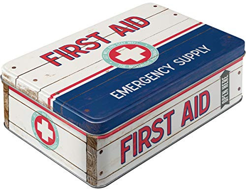 Nostalgic-Art Retro Vorratsdose Flach, 2,5 l, First Aid Blue – Emergency Supply – Geschenk-Idee für Dein Zuhause, Blech-Dose mit Deckel, Vintage Design