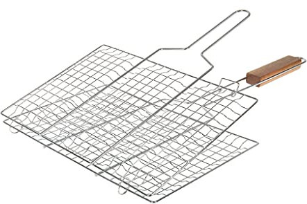 RUECAB - Grille de Barbecue Double Quadrillé Inox Poignée Bois Argent , 22 x 34 cm, NC