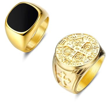 Adramata Anillo Ancho de Acero Inoxidable para Hombre - Cruz Religiosa y Corona con Esmalte Negro, Tallado Vintage de Hip Hop Rock para Compromiso y Amistad