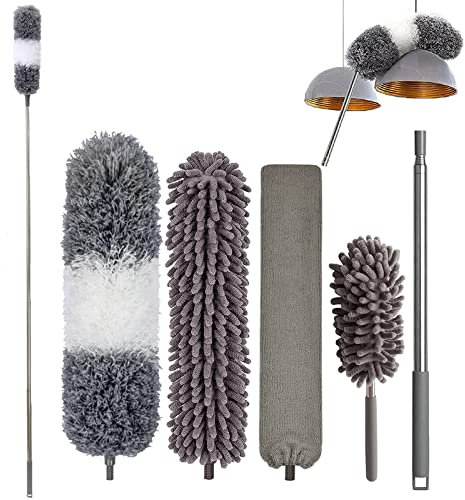 Suitteng Extendable Feather Duster, Microfiber Dusters for Cleaning Ceilings Fan, 250CM Extension Pole flexible to Reach Cobwebs, Washable Long Duster Set for Furniture, Sofa, Baseboards, Bendable
