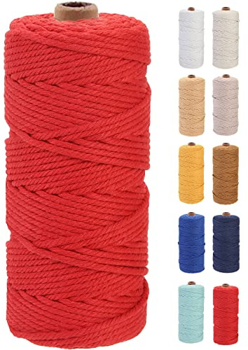 GOHOF Macrame Cord 3mm x 100m Premium Cotton Macrame Rope, 4 Strand Twisted Soft Cotton Cord, One of The Most Perfect Materials for Macrame Art, Cotton String without Chemicals (Red)