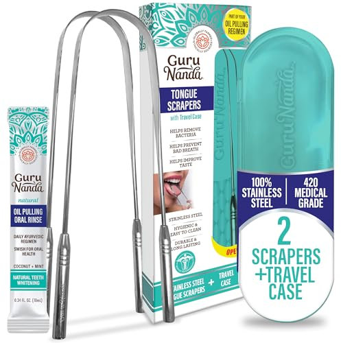 GuruNanda Zungenschaber aus Edelstahl, U-förmiges, ergonomisches Design, bekämpft Mundgeruch, 100% Edelstahl in medizinischer Qualität, 2er-Pack U-Form 2er-Pack