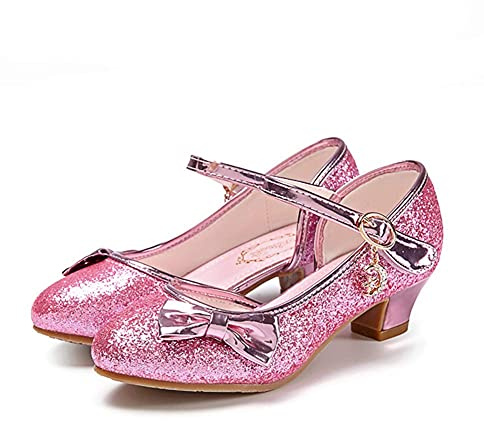 KUWIBY Girls Princess High Heel Sandals,Bowknot Sequin Dress Shoes Pink