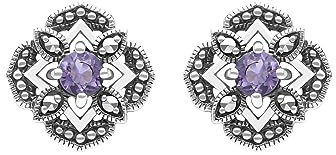 Esse Marcasite Sterling Silver Art Nouveau Amethyst & Marcasite Floral Stud Earrings