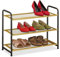 Relaxdays Schuhregal, 6 Paar Schuhe, HxBxT: 48 x 60 x 25 cm, schmal, 3 Ablagen, Stahl, Flur Schuhgestell, schwarz/Gold
