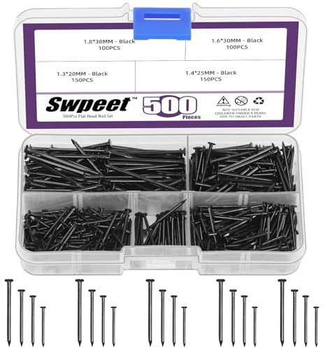 Swpeet Kit di assortimento di chiodi hardware 500 pezzi 4 misure, chiodi zincati neri, chiodi piccoli, chiodi a spillo, chiodi di finitura, chiodi per appendere, chiodi da parete per appendere quadri