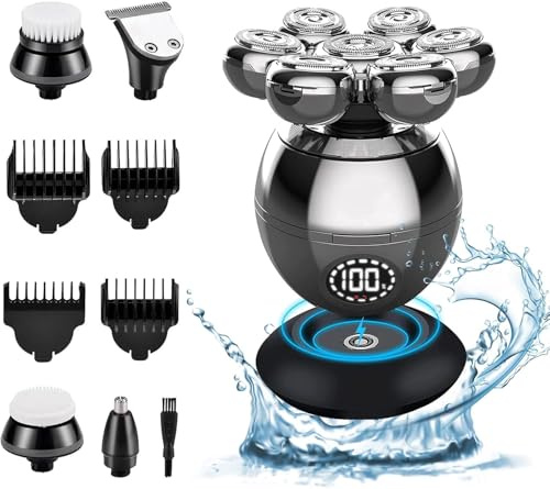 Rasoio Testa Calva, Rasoio Elettrico Barba 5 in 1 Impermeabile IPX7 con 7 Testine Rotanti, Display della batteria e Cavo di ricarica di tipo C, Rasoio per capelli a zero per Naso Orecchie Corpo Viso
