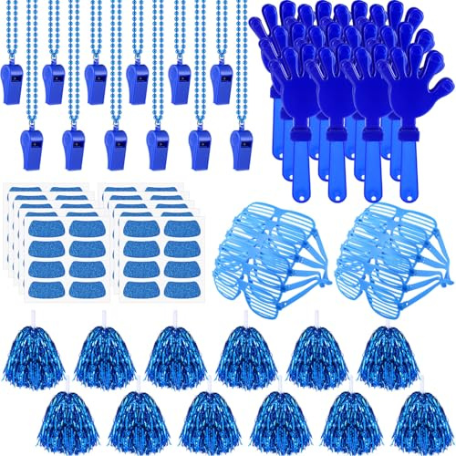 Realspring 148 Pcs Colleges Team Spirit Items Bulk University Team Spirit Week Accessories, Hand Clapper Noisemaker Whistle Cheerleading Pom Poms Shutter Glasses Sticker for Sports(Blue)