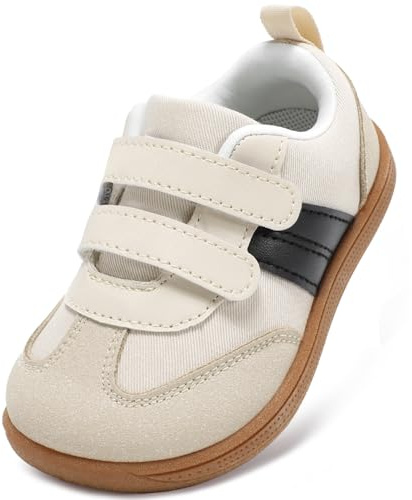 STQ KIDS Boys Girls Trainers Toddler Wide Toe Box School Shoes Zero Drop Barefoot First Walking Shoe Lightweight Non Slip Kid Running Tennis Sneaker Beige White 7 UK Toddler