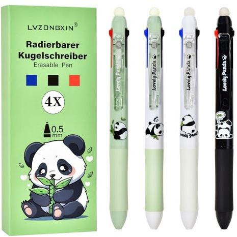 4-pack 3-färgad raderbar gelpenna, [blå svart + röd] | Ergonomiskt handtag, ⌀ 0,5 mm spets, avancerade serier pennor för dagbok, anteckningar, sött kontor, skola