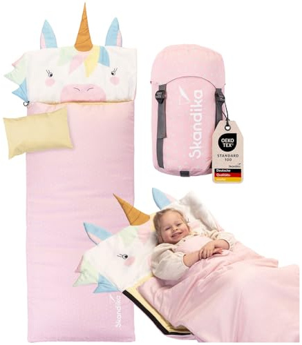Skandika Sac de couchage pour enfants Soti | Sac de couchage de camping pour enfants jusqu'à 150 cm, design coloré Renard/Licorne/Dino/Lion, avec coton, lavable en machine | Sacs de couchage pour