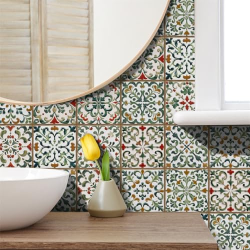 QBYRSSS Exquisite Stick on Tiles 20x20CM Green and Red Tile Stickers Transfers for Bathroom Kitchen,Peel and Stick Wall Stickers Self Adhesive Vinyl Waterproof Oil Proof Home Decor
