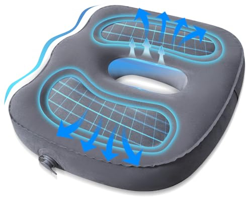 Jukibole Sittdyna, ortopedisk, PVC, uppblåsbar ortopedisk sittdyna för kontorsstol, bil, grå, 48 x 36 x 10 cm, ergonomisk sittkudde för hemorrojder, med hål, sittring, korsben, avlastning