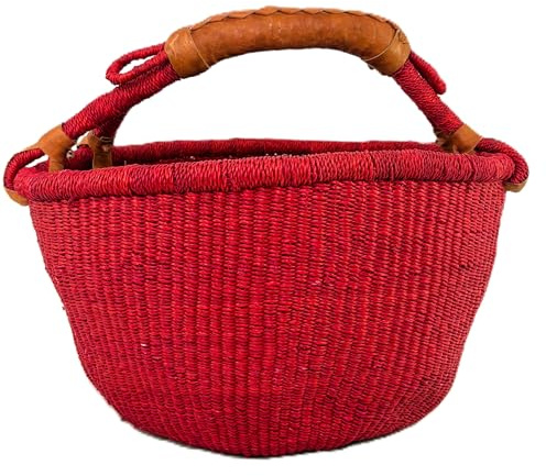 Cesto Rotondo Bolga medio circa Ø 30 x 30 cm – Artigianale dal Ghana – Fair Trade – Cesto per la spesa con Manico in Pelle – Rosso