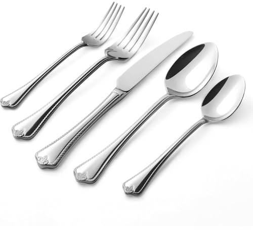 HIKAA 30-Teiliges Besteck Set 6 Personen, 18/10 Besteckset Spülmaschinenfest, Edelstahl Essbesteck Spiegelpoliert, Cutlery Set für Zuhause, Restaurant, Hochzeit, Party, (Silber）