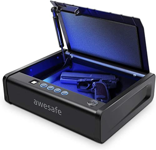 awesafe Biometric Gun Safe for Pistol, 3 Ways Quick Access Handgun Safe with Fingerprint Digital PIN Key, Portable Car Gun Safe, Gun Lock Box with Gas Strut for Nightstand Bedside Cloakroom LivingRoom