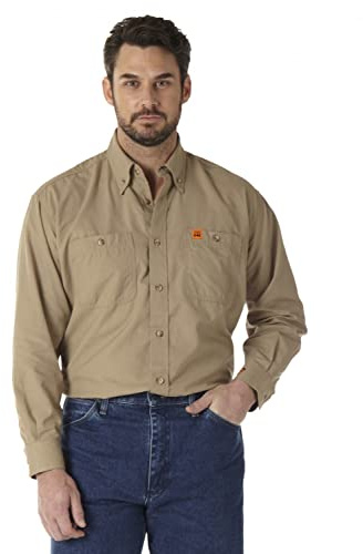 Wrangler FR Flame Resistant Two Pocket Work Shirt Delantal Abotonado de utilidades de Trabajo, Sarga Caqui, L para Hombre