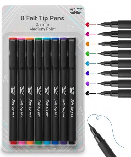 Mr. Pen Filzstifte, 8 Stück, 0,7 mm, verschiedene Farben, schnell trocknend, feine Filzstifte für Kunst und Handwerk, Notizen, Journaling, Schreiben, Schulbedarf für Lehrer und Schüler
