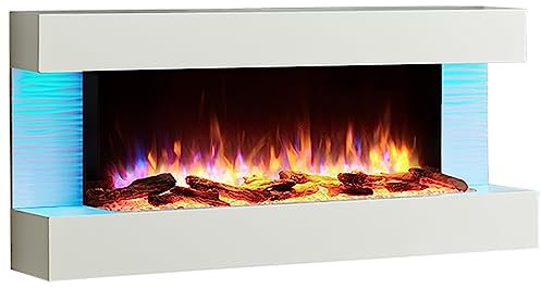 BALDERIA Chimenea Eléctrica de Pared Helia | Efecto de Llama 3D | Calefacción 2000W | Iluminación Ambiental LED | Mando a Distancia, Temporizador, Control de Inicio programable y termostato | Blanco