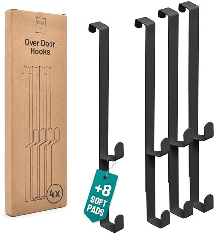 D&D Living® Türhaken zum Einhängen bis 16 mm | 4x Doppel Haken für Türgarderobe | Kleiderhaken für Tür und Schrank (Schwarz)