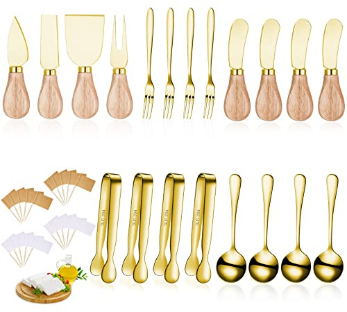 Charcuterie Board Accessories Spreader Knife Set Cheese Butter Spreader Knife Charcuterie Utensils with Wooden Handles Mini Serving Tongs Spoons Forks for party Wedding Christmas (Gold, 20 Pieces)