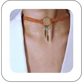 Aneneiceera Boho Geschichtet Wildleder Choker Halskette Blatt Anhänger Halskette Kette Braun O Ring Leder Choker Halskette Vintage Halskette Schmuck Geschenke für Frauen und Mädchen
