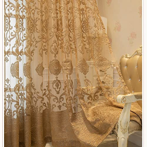 Amidoudou 1 Pair Luxury European Sheer Curtains Hollow Embroidered Tulle Curtains for Bedroom Living Room (Gold,66 x 90 Inch)