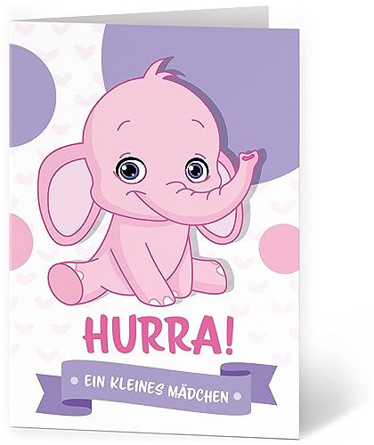 XXL Glückwunschkarte (A4) zur Geburt Mädchen Rosa Elefant - hochwertige Klappkarte | Große Karte Grußkarte Glückwunsch mit Umschlag Baby Eltern