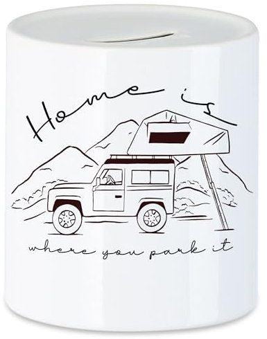 Hey!Print Camping Spardose mit Spruch Home is Where You Park it Geschenkidee für Camper Camping-Fans Wohnmobil Geländewagen Dachzelt