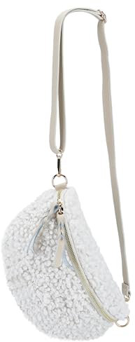 SH Leder ® Teddy Plüsch Hüfttasche Damen Gürteltasche für Festival Reise Bauchtasche mittelgroße Crossbody Bag Frauen mit echt Leder Schultergurt 27x16cm Kate G358 (Weiss/Beige, M)
