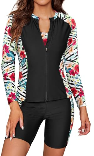 SHEKINI Conjunto de tankini de 3 piezas para mujer, protección solar de manga larga, camiseta con cremallera, camiseta de natación, camiseta de surf, chaleco, parte superior de bikini, bañador