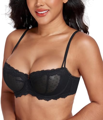 Lemorosy Soutien-Gorge pour Femme en Dentelle Sexy Balconnet Demi-Bonnet à Armature Maille Semi-Transparente sans Rembourrage Push-up(Noir,85D)