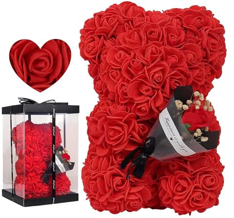Amesor Rosenbärs - Blumenbär Mit Geschenkbox | Künstliche Rosenbären Mit Rosenstrauß | Romantisch Rosen Teddybär Geschenk Für Weihnachten, Valentinstag, Geburtstag, Muttertag, Jubiläum (24 X 16 cm)
