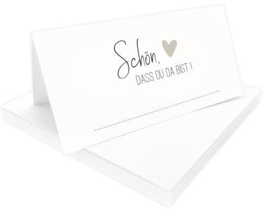Tischkarten Schön, dass du da bist weiß mit Herz | Farbe wählbar | 25, 50, 100 Stück | selbst beschriften | Namensschilder, Platzkarten | für Hochzeit, Geburtstag uvm (Beige, 50)
